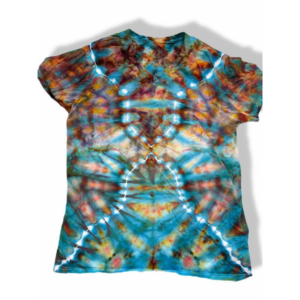 handmade tie dyed unisex tshirt flowy X river blue gold green unisex L v-neck